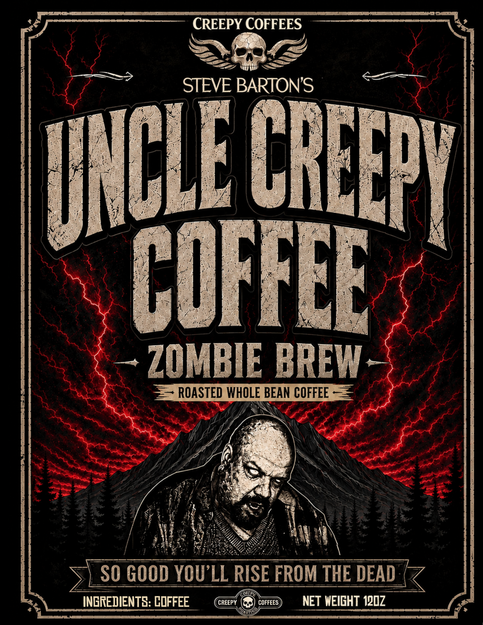 Steve Barton’s Uncle Creepy Coffees – Zombie Brew™

Dark Roast Whole Bean Coffee 12oz